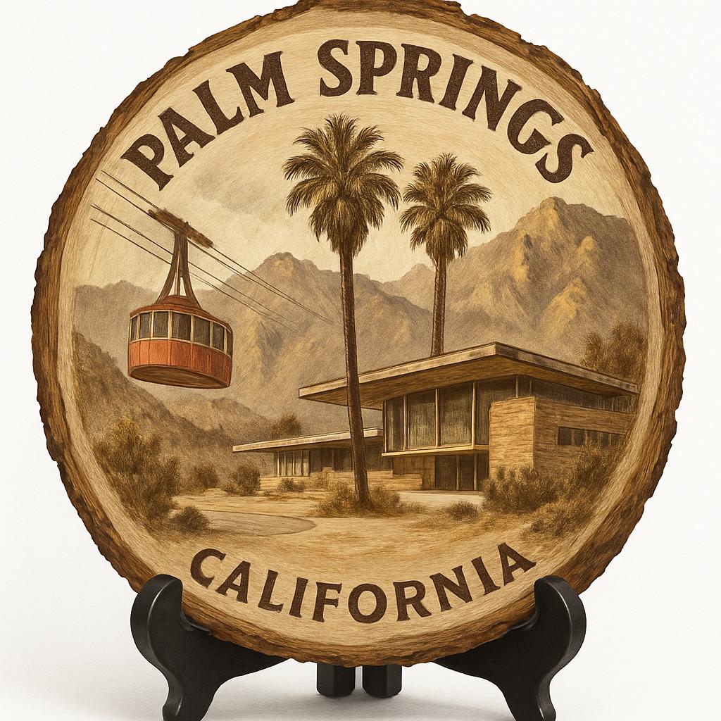 Palm Springs California Souvenir Gift – Wood Slice Plaque for Wall or Table, United States Souvenir Gift for Tourists, Desert Oasis Decorative Gift