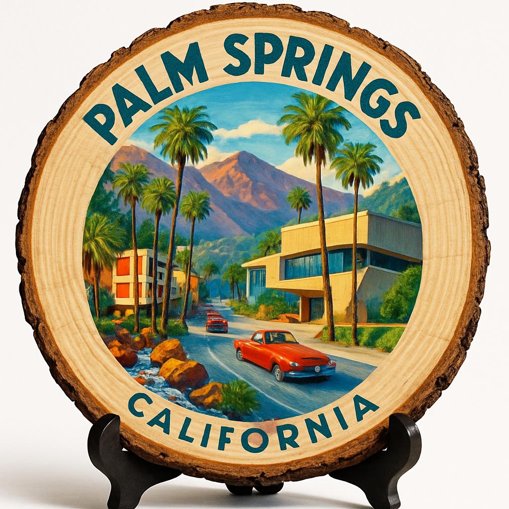 Palm Springs California Souvenir Gift – Wood Slice Plaque for Wall or Table, United States Souvenir Gift for Tourists, Mid-Century Modern Decorative Gift