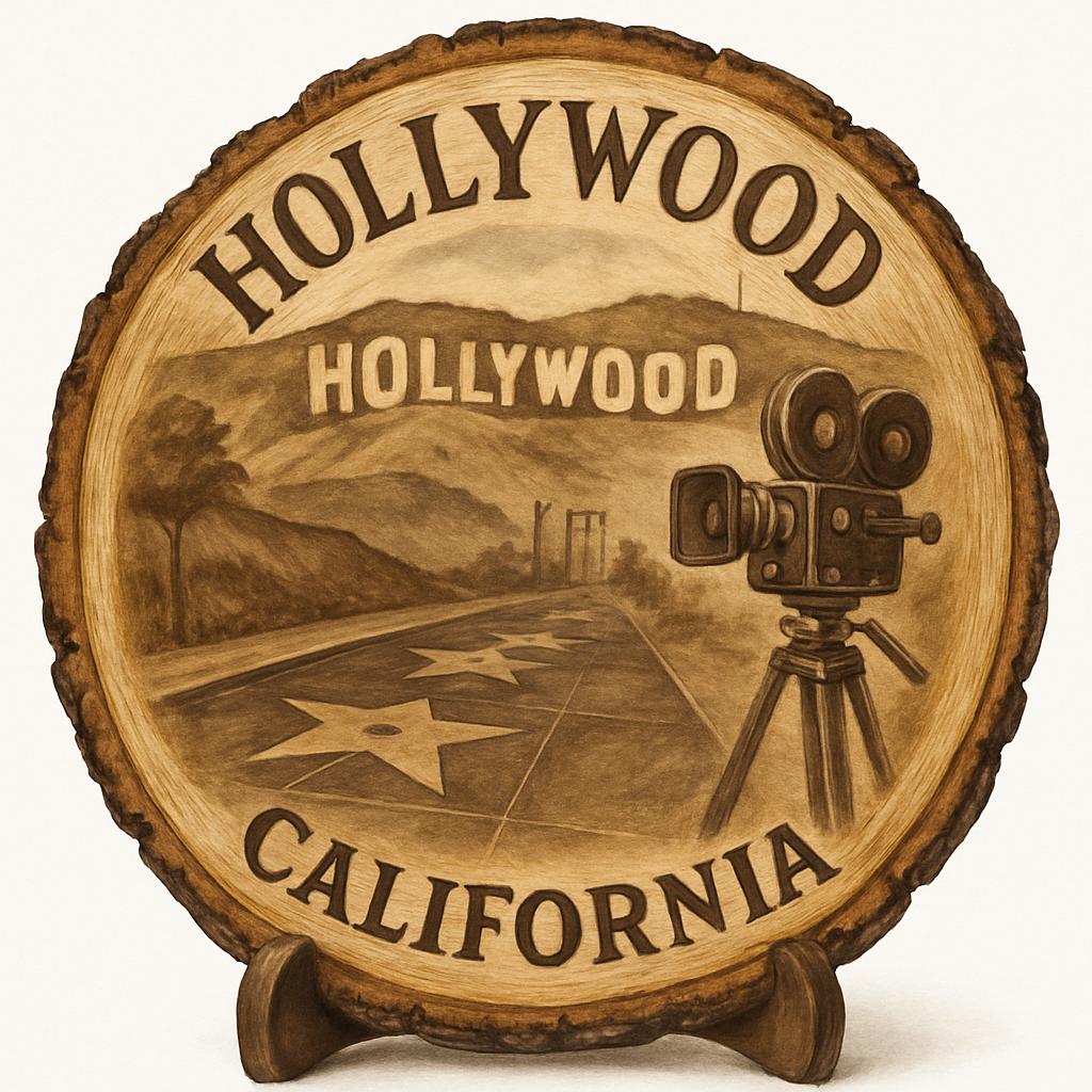 Hollywood California Souvenir Gift – Wood Slice Plaque for Wall or Table, United States Souvenir Gift for Tourists, Film Industry Decorative Gift
