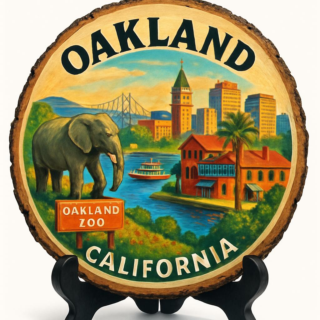 Oakland California Souvenir Gift – Wood Slice Plaque for Wall or Table, United States Souvenir Gift for Tourists, Vibrant Arts Scene Decorative Gift