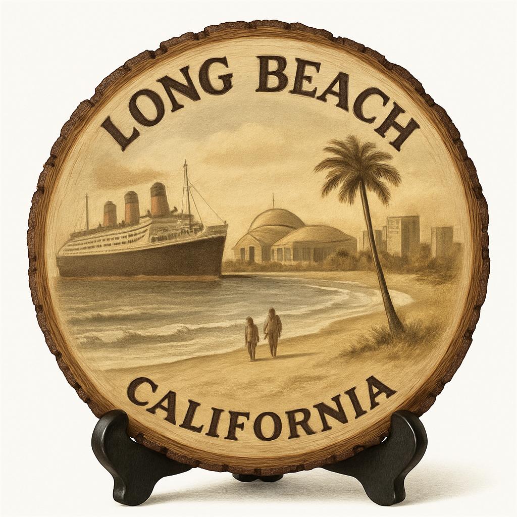Long Beach California Souvenir Gift – Wood Slice Plaque for Wall or Table, United States Souvenir Gift for Tourists, Coastal City Vibe Decorative Gift