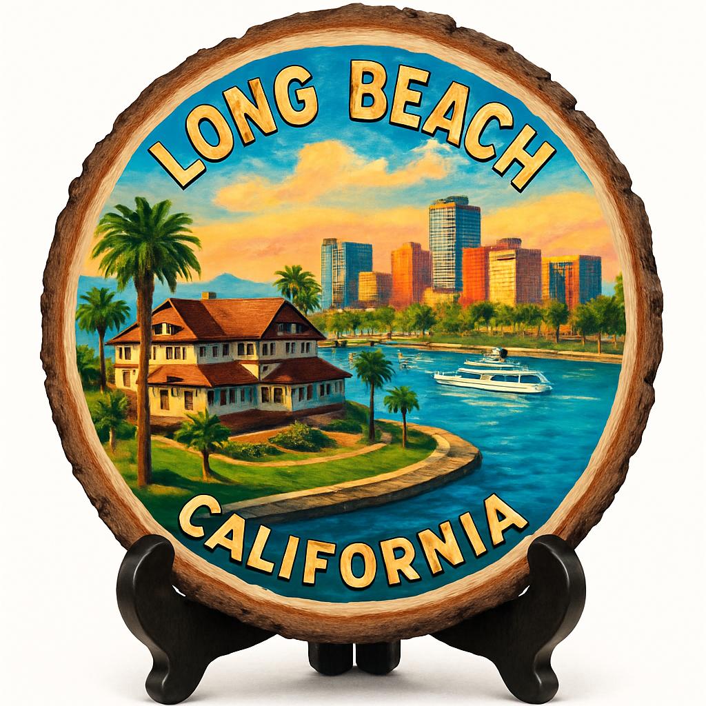 Long Beach California Souvenir Gift – Wood Slice Plaque for Wall or Table, United States Souvenir Gift for Tourists, Vibrant Waterfront Decorative Gift