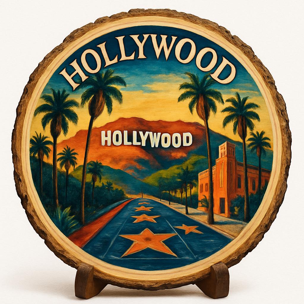 Hollywood California Souvenir Gift – Wood Slice Plaque for Wall or Table, United States Souvenir Gift for Tourists, Star-Studded Experience Decorative Gift