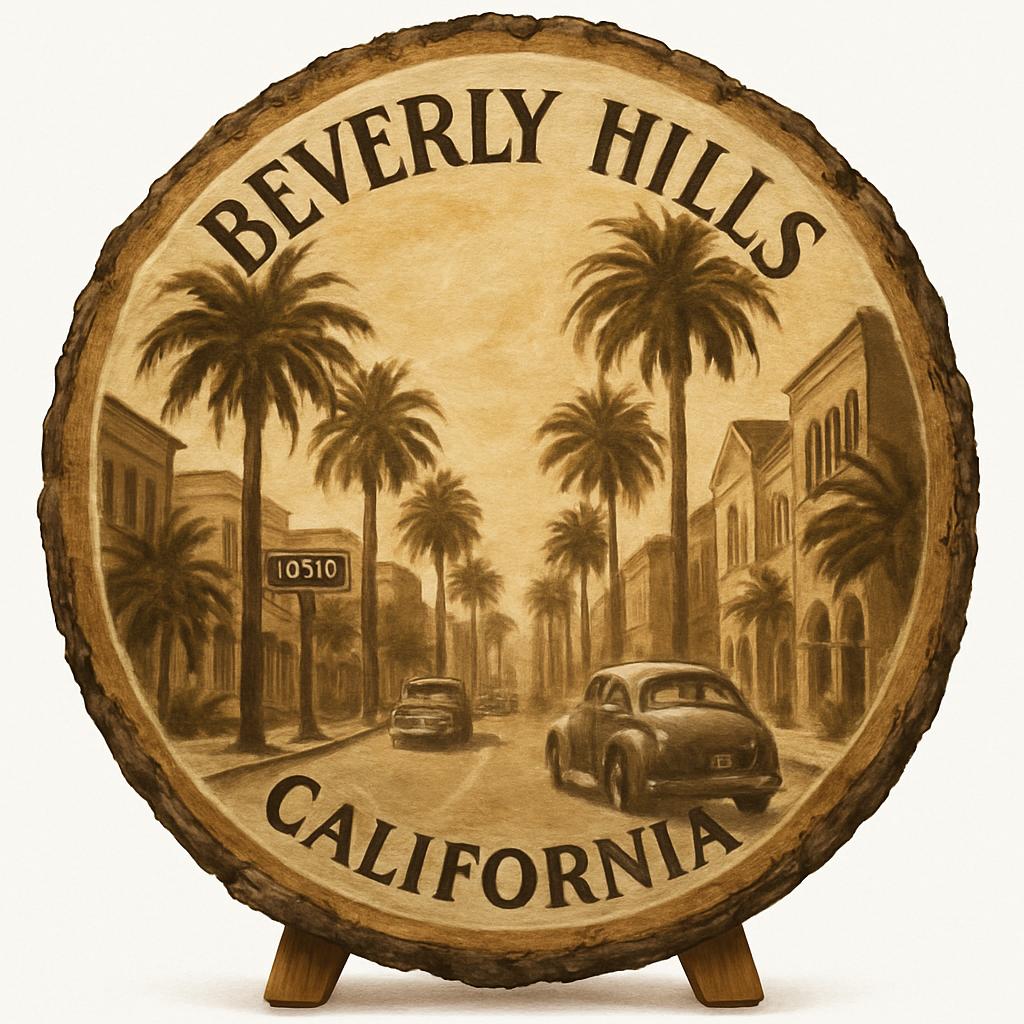 Beverly Hills Souvenir Gift – Wood Slice Plaque for Wall or Table, United States Souvenir Gift for Tourists, Luxury Lifestyle Decorative Gift