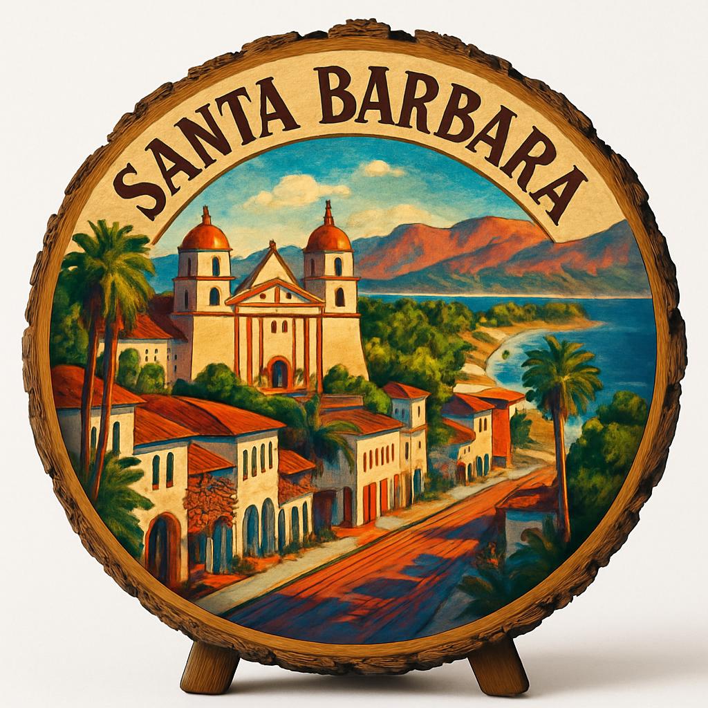 Santa Barbara California Souvenir Gift – Wood Slice Plaque for Wall or Table, United States Souvenir Gift for Tourists, Mediterranean Vibe Decorative Gift