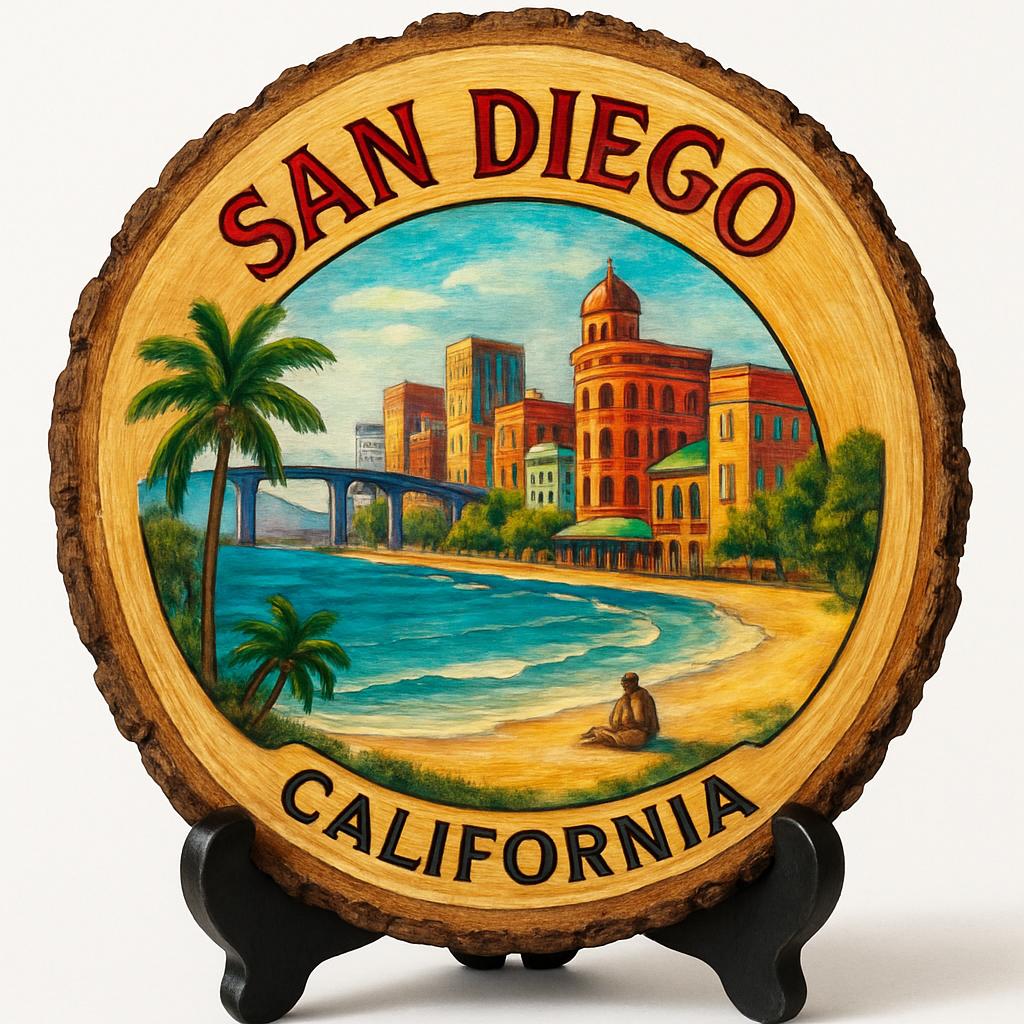 San Diego California Souvenir Gift – Wood Slice Plaque for Wall or Table, United States Souvenir Gift for Tourists, Vibrant Coastal City Decorative Gift