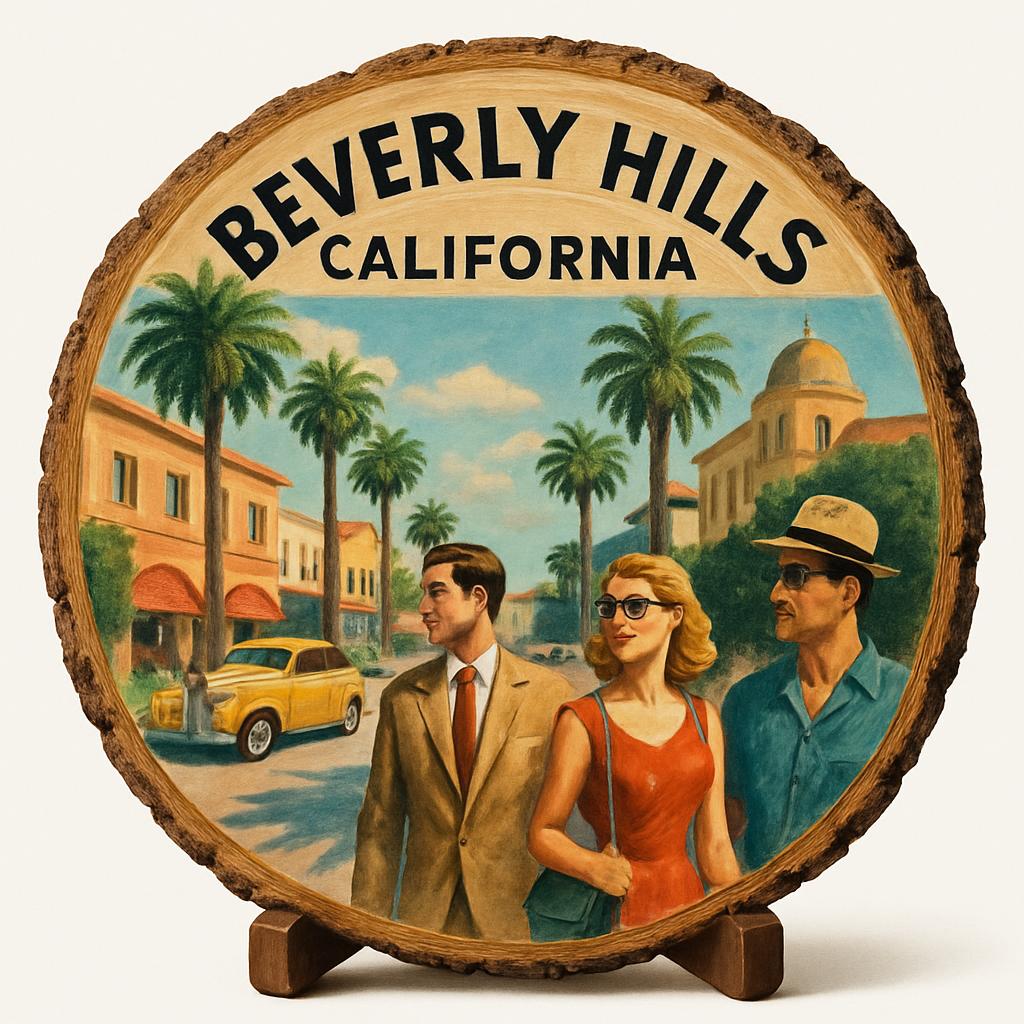 Beverly Hills California Souvenir Gift – Wood Slice Plaque for Wall or Table, United States Souvenir Gift for Tourists, Glamorous Lifestyle Decorative Gift