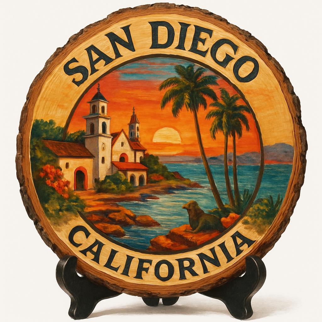 San Diego California Souvenir Gift – Wood Slice Plaque for Wall or Table, United States Souvenir Gift for Tourists, Surfing Paradise Decorative Gift