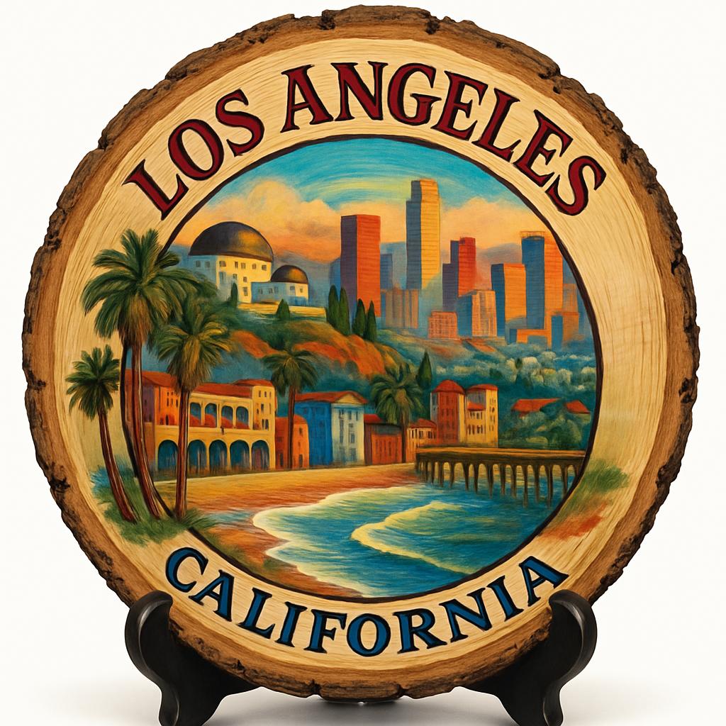 Los Angeles California Souvenir Gift – Wood Slice Plaque for Wall or Table, United States Souvenir Gift for Tourists, Iconic City Landmarks Decorative Gift
