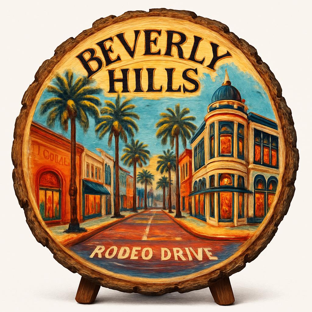Beverly Hills California Souvenir Gift – Wood Slice Plaque for Wall or Table, United States Souvenir Gift for Tourists, High-End Fashion Decorative Gift