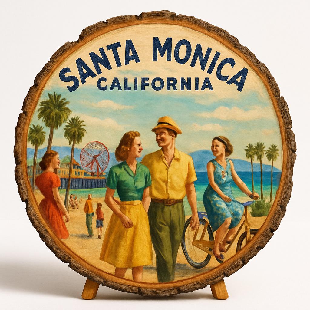 Santa Monica California Souvenir Gift – Wood Slice Plaque for Wall or Table, United States Souvenir Gift for Tourists, Coastal Sunset Decorative Gift