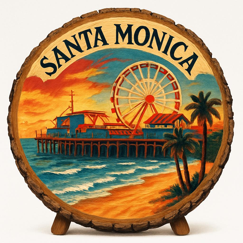 Santa Monica California Souvenir Gift – Wood Slice Plaque for Wall or Table, United States Souvenir Gift for Tourists, Oceanfront Adventure Decorative Gift