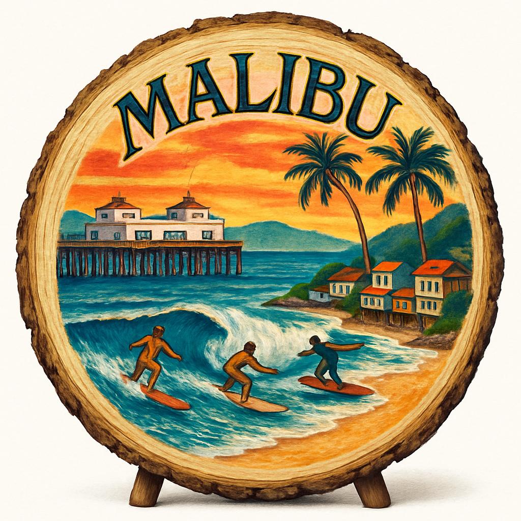 Malibu California Souvenir Gift – Wood Slice Plaque for Wall or Table, United States Souvenir Gift for Tourists, Ocean Waves Decorative Gift