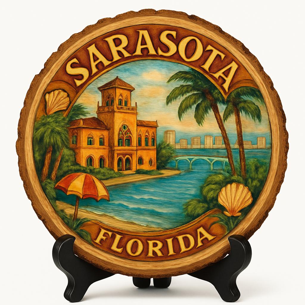 Sarasota Florida Souvenir Gift – Wood Slice Plaque for Wall or Table, United States Souvenir Gift for Tourists, Coastal Arts Experience Decorative Gift Sarasota Florida Souvenir Gift – Wood Slice Plaque for Wall or Table, United States Souvenir Gift for Tourists, Coastal Arts Experience Decorative Gift