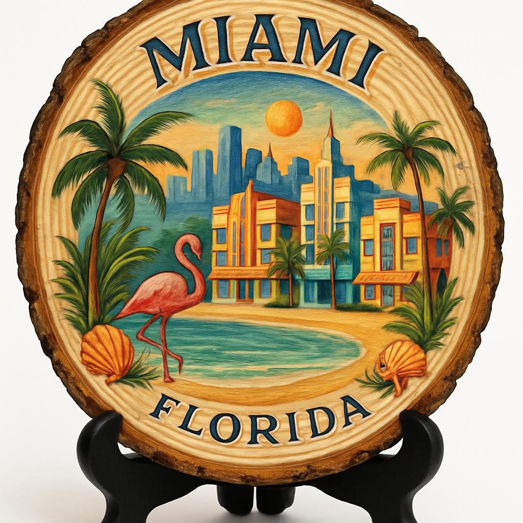 Miami Florida Souvenir Gift – Wood Slice Plaque for Wall or Table, United States Souvenir Gift for Tourists, Cultural Fusion Decorative Gift Miami Florida Souvenir Gift – Wood Slice Plaque for Wall or Table, United States Souvenir Gift for Tourists, Cultural Fusion Decorative Gift