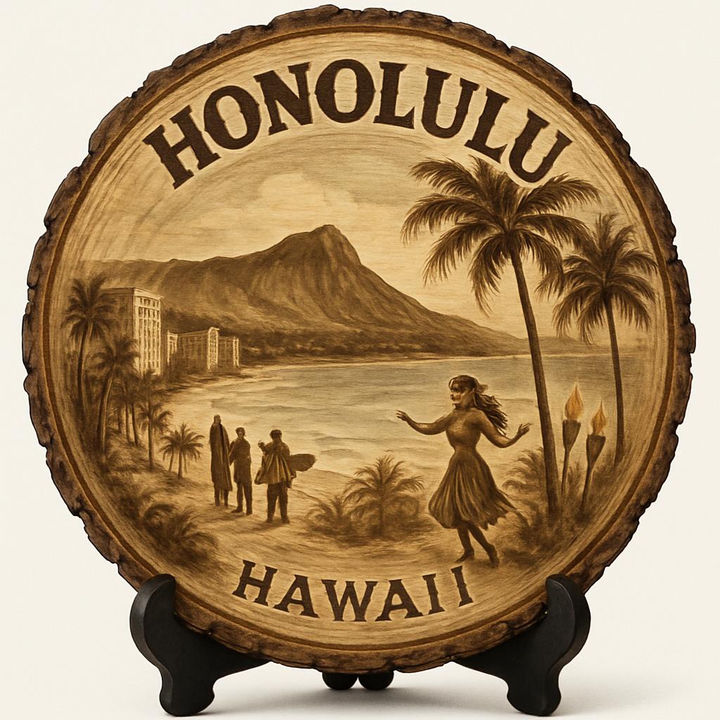 Honolulu Hawaii Souvenir Gift – Wood Slice Plaque for Wall or Table, United States Souvenir Gift for Tourists, Tropical Island Paradise Decorative Gift