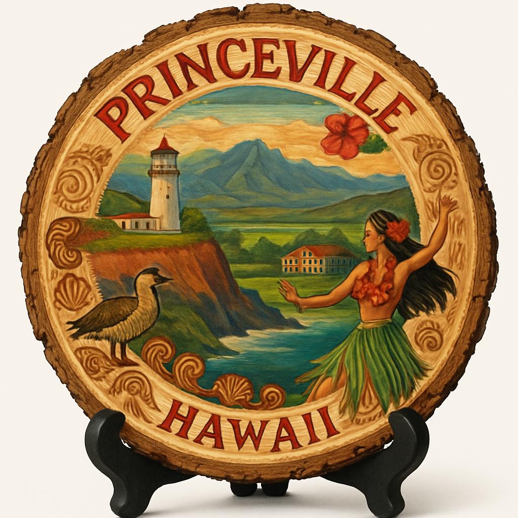 Princeville Hawaii Souvenir Gift – Wood Slice Plaque for Wall or Table, United States Souvenir Gift for Tourists, Enchanting Tropical Landscape Decorative Gift