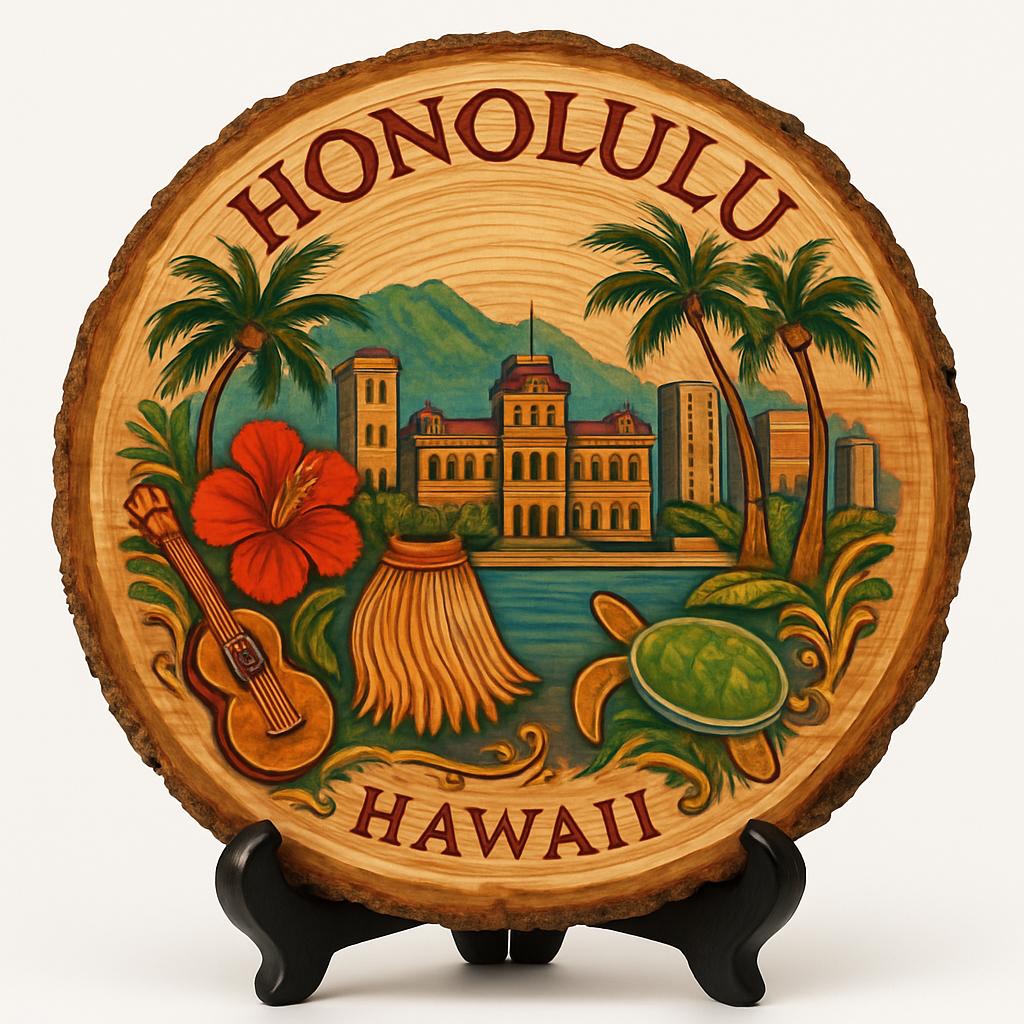 Honolulu Hawaii Souvenir Gift – Wood Slice Plaque for Wall or Table, United States Souvenir Gift for Tourists, Tropical Paradise Adventure Decorative Gift