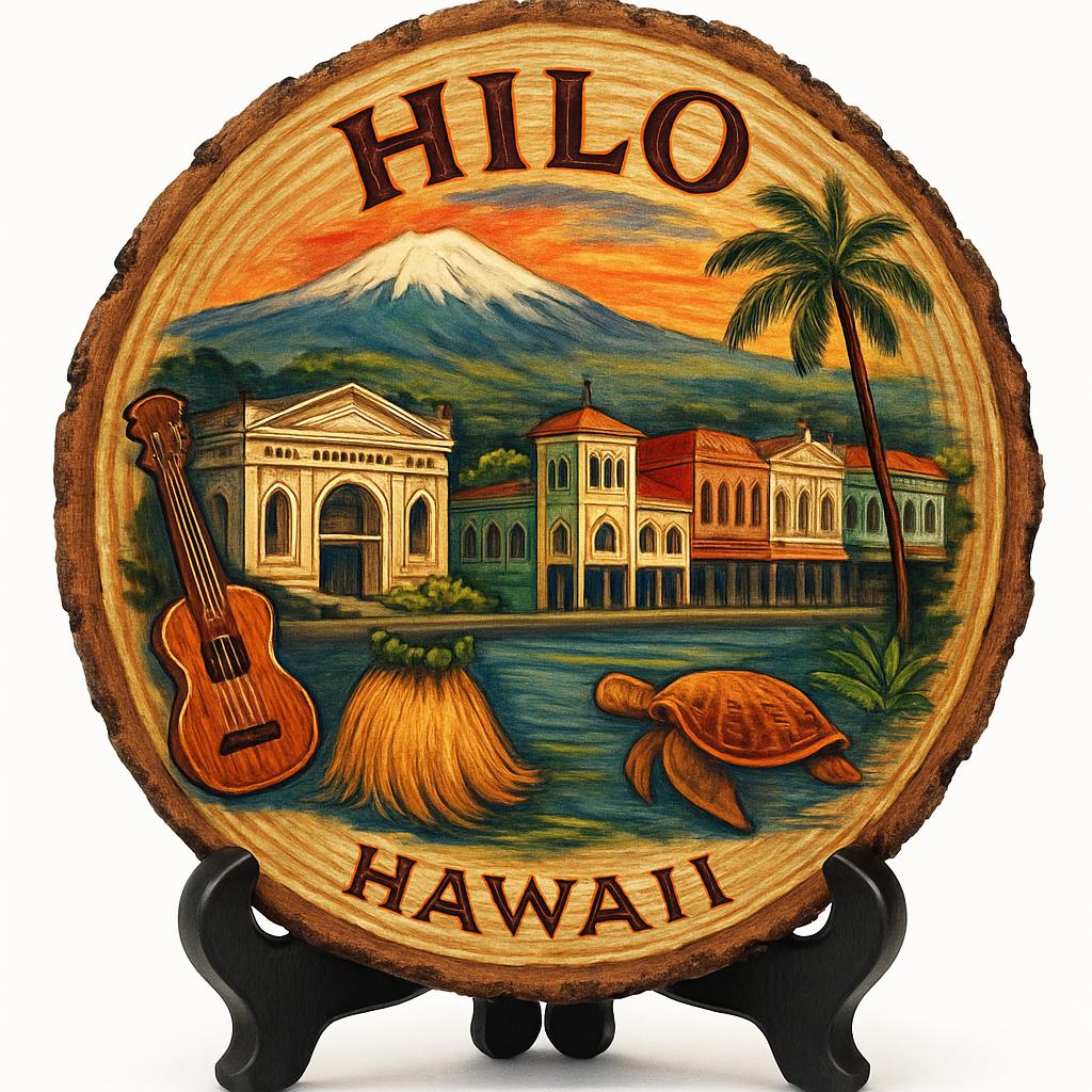 Hilo Hawaii Souvenir Gift – Wood Slice Plaque for Wall or Table, United States Souvenir Gift for Tourists, Volcano Landscape Decorative Gift