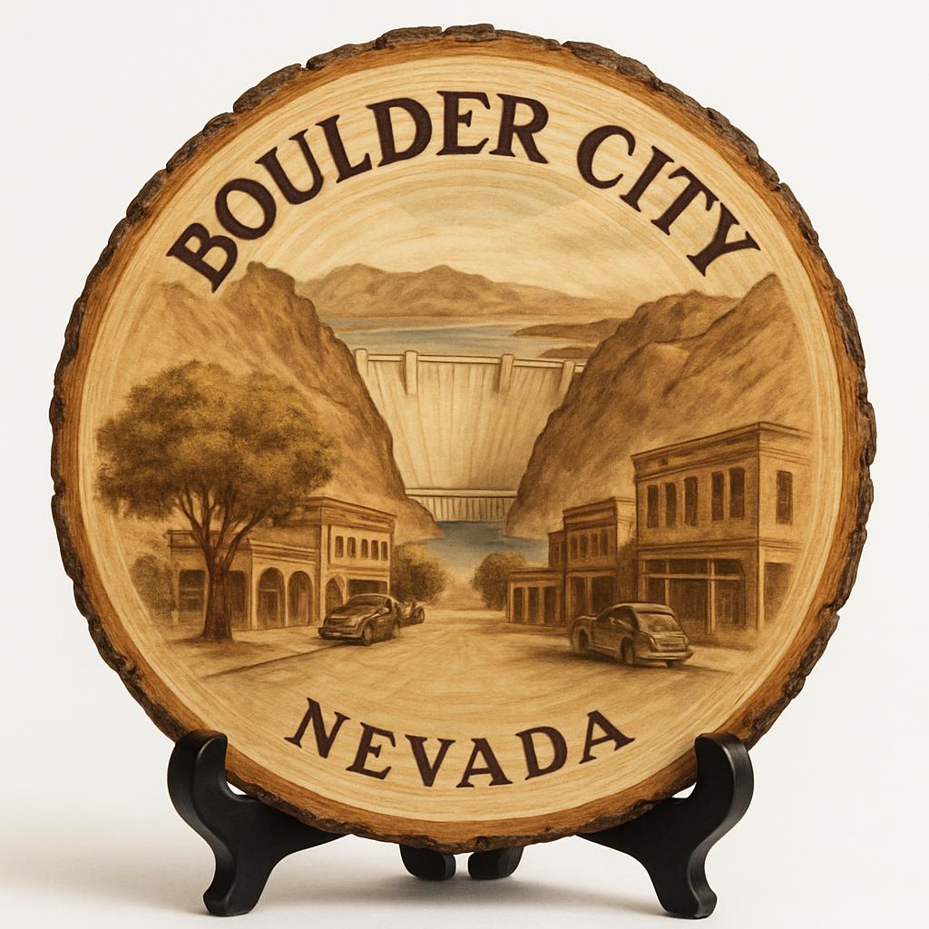 Boulder City Nevada Souvenir Gift – Wood Slice Plaque for Wall or Table, United States Souvenir Gift for Tourists, Hoover Dam Experience Decorative Gift