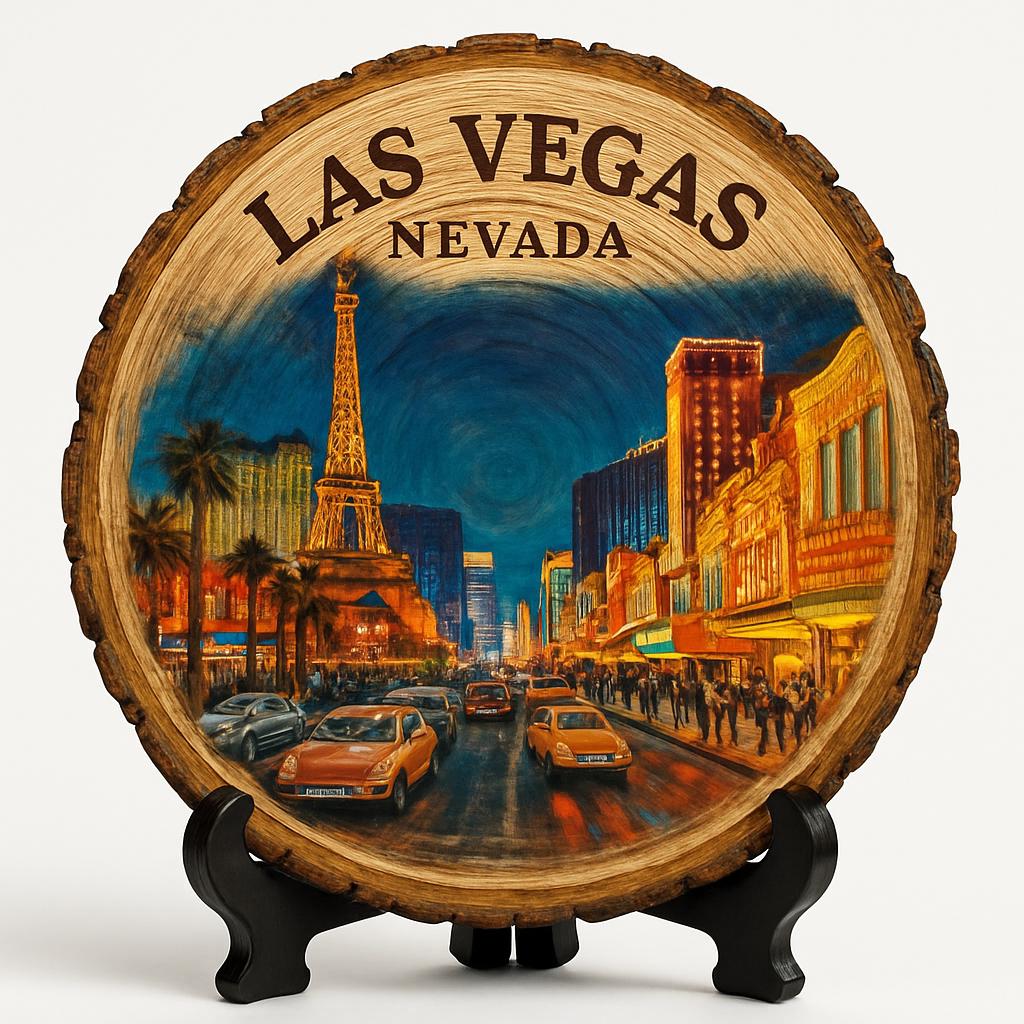Las Vegas Nevada Souvenir Gift – Wood Slice Plaque for Wall or Table, United States Souvenir Gift for Tourists, Luxurious Resort Experience Decorative Gift