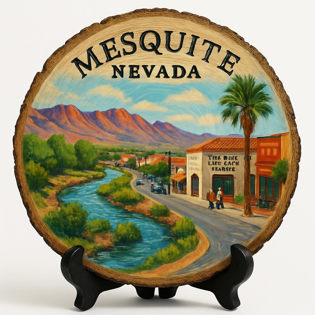 Mesquite Nevada Souvenir Gift – Wood Slice Plaque for Wall or Table, United States Souvenir Gift for Tourists, Vibrant Desert Flora Decorative Gift