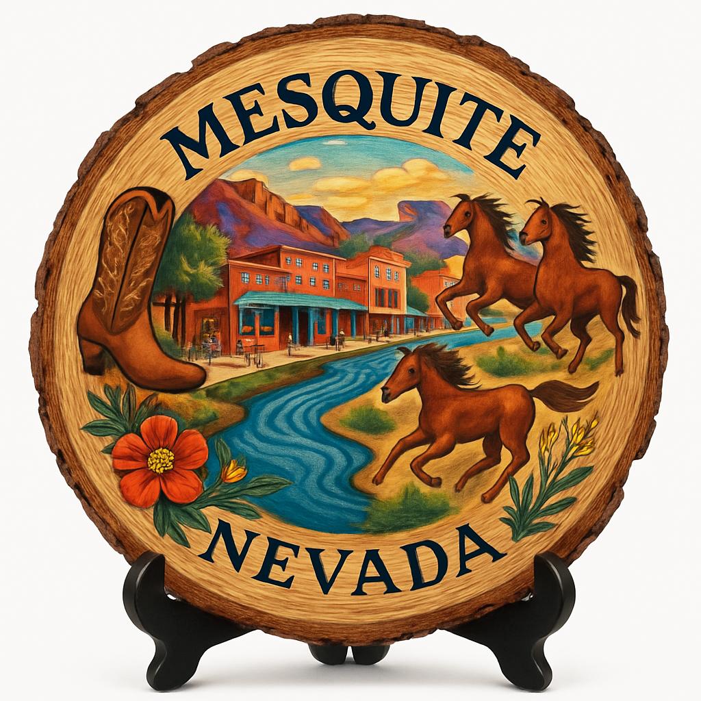 Mesquite Nevada Souvenir Gift – Wood Slice Plaque for Wall or Table, United States Souvenir Gift for Tourists, Desert Wildlife Experience Decorative Gift