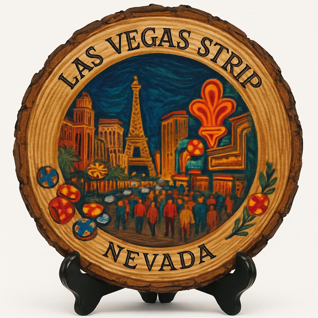 Las Vegas Strip Nevada Souvenir Gift – Wood Slice Plaque for Wall or Table, United States Souvenir Gift for Tourists, Iconic Entertainment Experience Decorative Gift