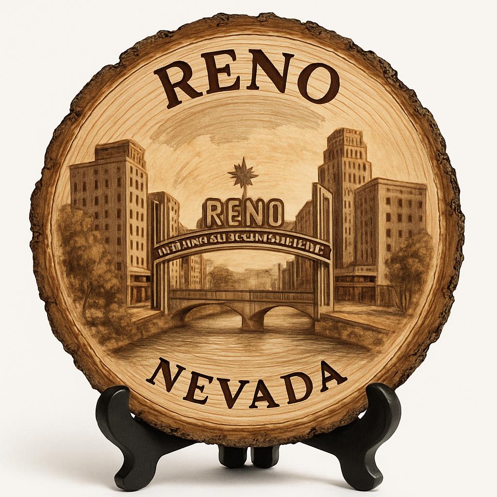 Reno Nevada Souvenir Gift – Wood Slice Plaque for Wall or Table, United States Souvenir Gift for Tourists, Vibrant City Life Decorative Gift