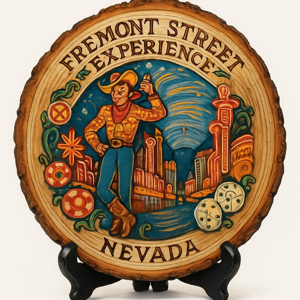 Fremont Street Vegas Nevada Souvenir Gift – Wood Slice Plaque for Wall or Table, United States Souvenir Gift for Tourists, Vibrant Nightlife Experience Decorative Gift