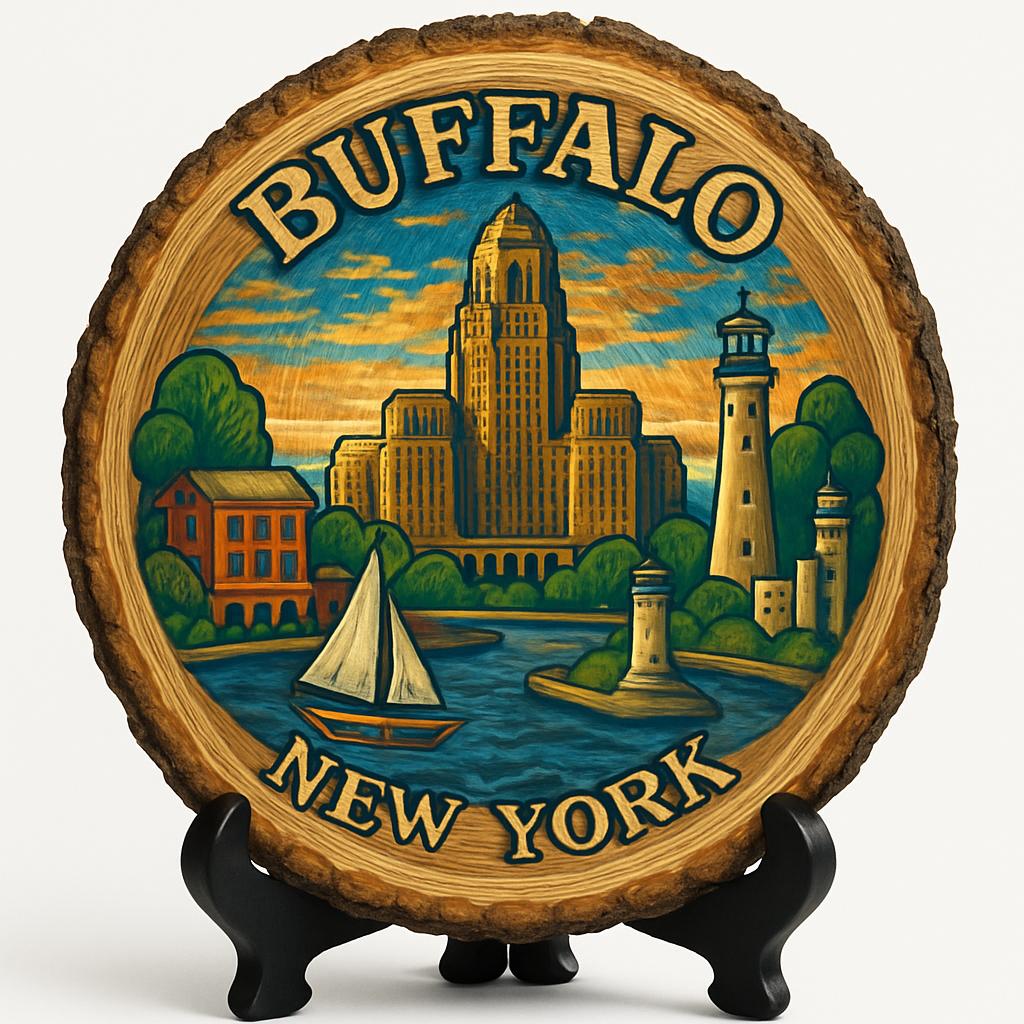 Buffalo New York Souvenir Gift – Wood Slice Plaque for Wall or Table, United States Souvenir Gift for Tourists, Historic Landmarks Decorative Gift