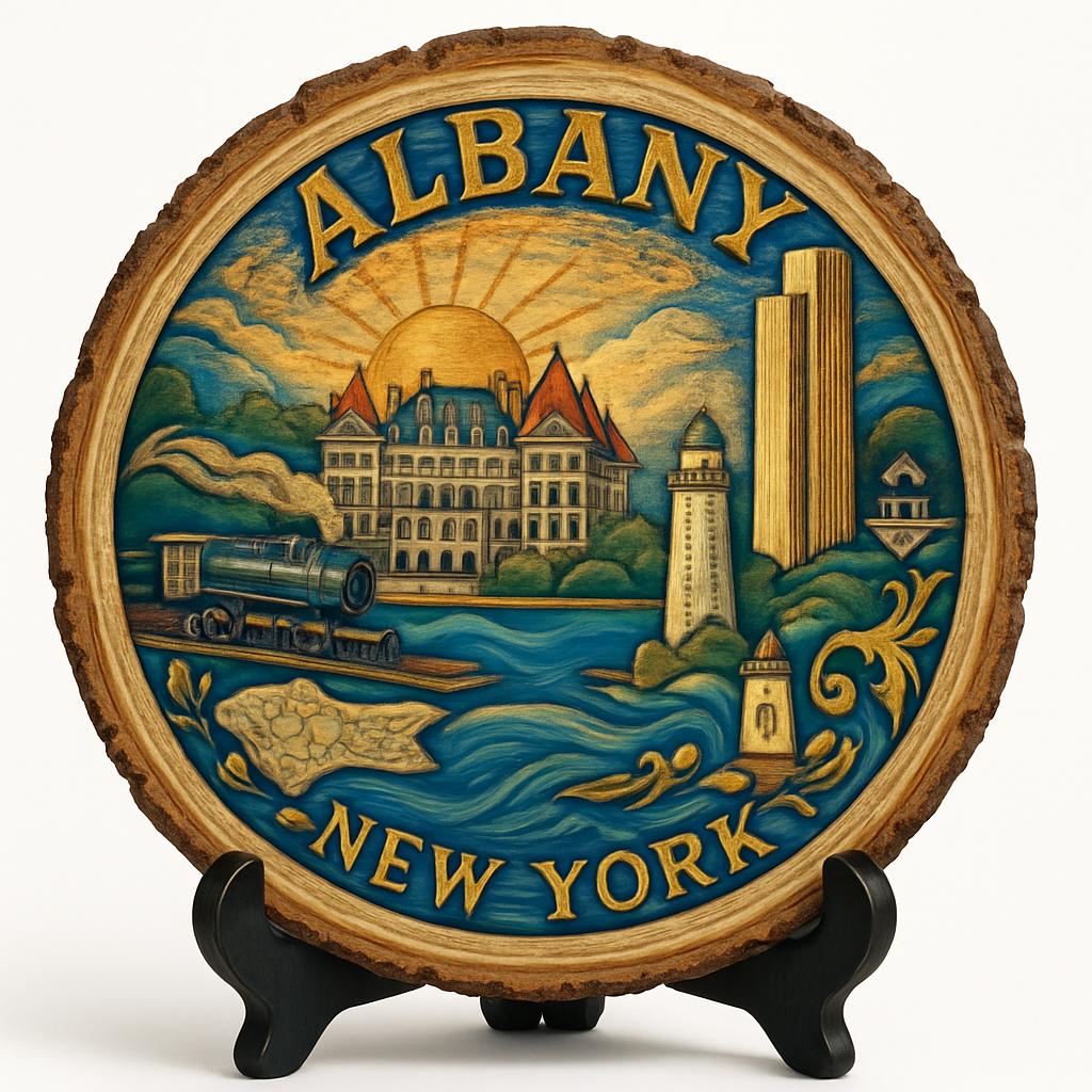 Albany New York Souvenir Gift – Wood Slice Plaque for Wall or Table, United States Souvenir Gift for Tourists, Historic Government Buildings Decorative Gift
