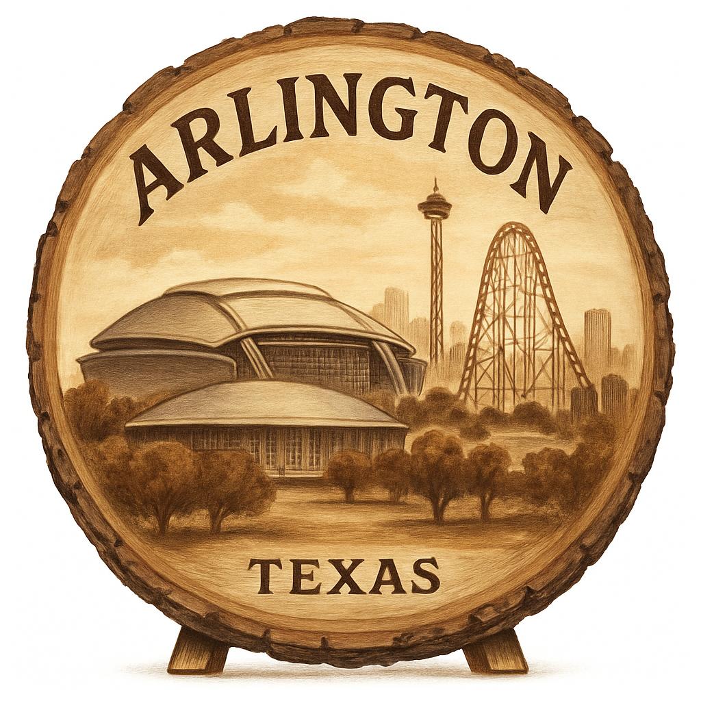 Arlington Texas Souvenir Gift – Wood Slice Plaque for Wall or Table, United States Souvenir Gift for Tourists, Historic Landmarks Decorative Gift