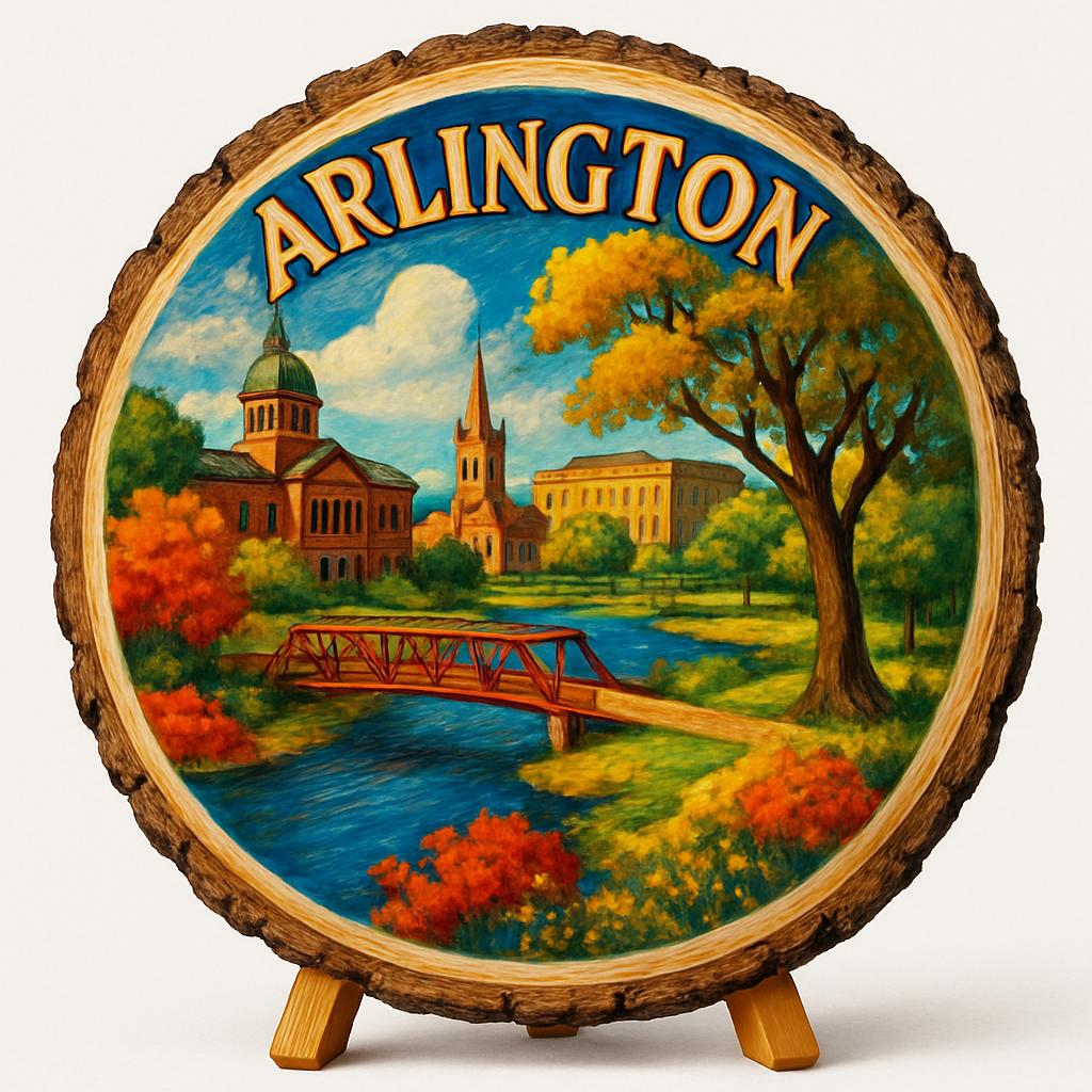 Arlington Texas Souvenir Gift – Wood Slice Plaque for Wall or Table, United States Souvenir Gift for Tourists, Thriving Arts Scene Decorative Gift