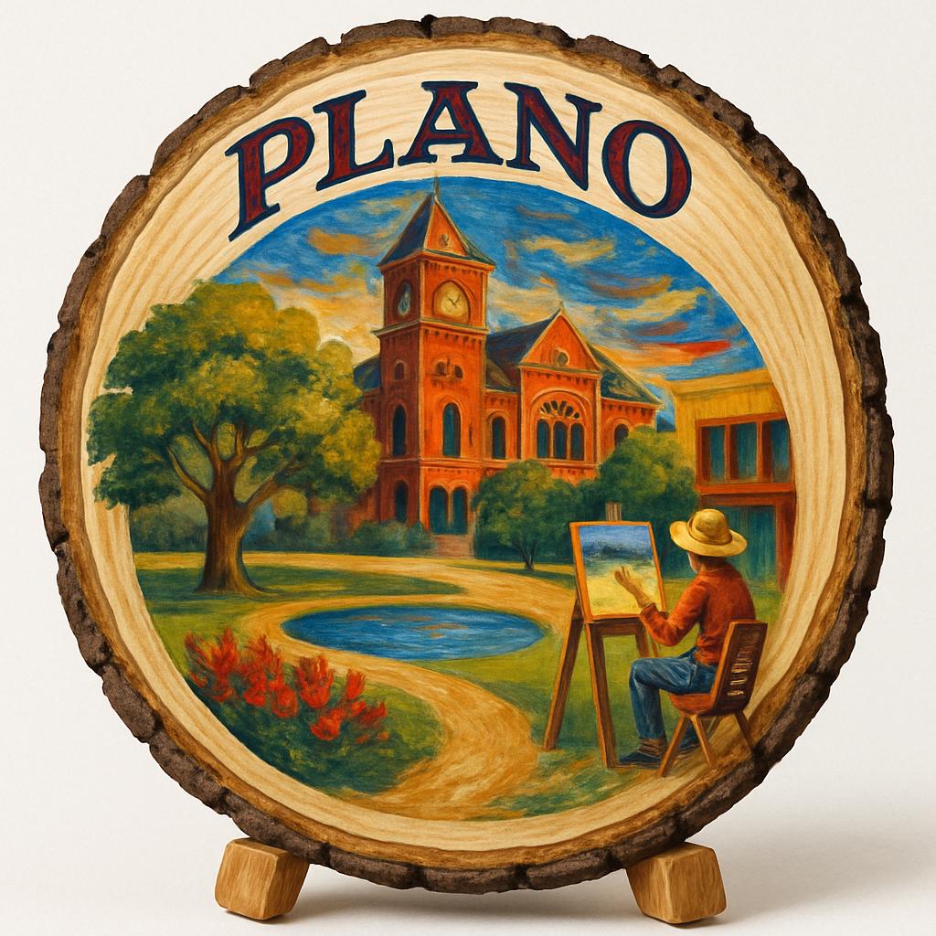Plano Texas Souvenir Gift – Wood Slice Plaque for Wall or Table, United States Souvenir Gift for Tourists, Scenic Suburban Views Decorative Gift