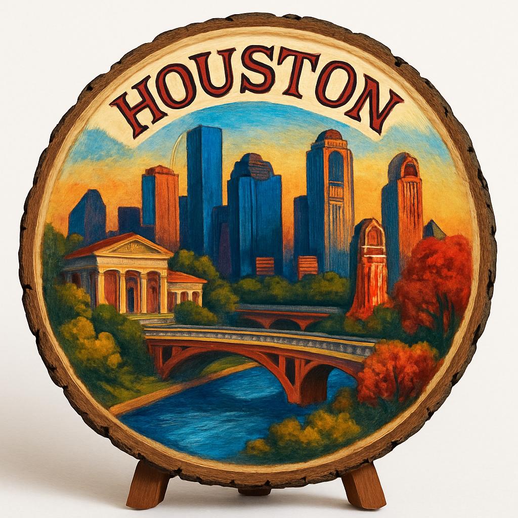 Houston Texas Souvenir Gift – Wood Slice Plaque for Wall or Table, United States Souvenir Gift for Tourists, Vibrant City Life Decorative Gift